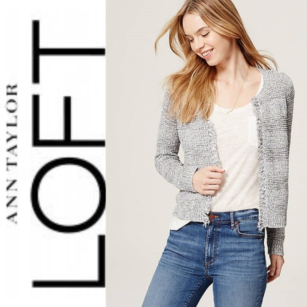 LOFT Blue/White Tweed Sweater Cardigan Jacket